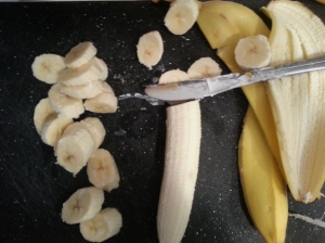 The three phases of a dead banana's life: whole, peeled, sliced.  Not so appeeling, is it?