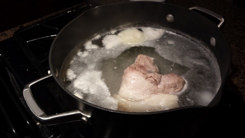 You heat the water. Por que? To cook the pork!